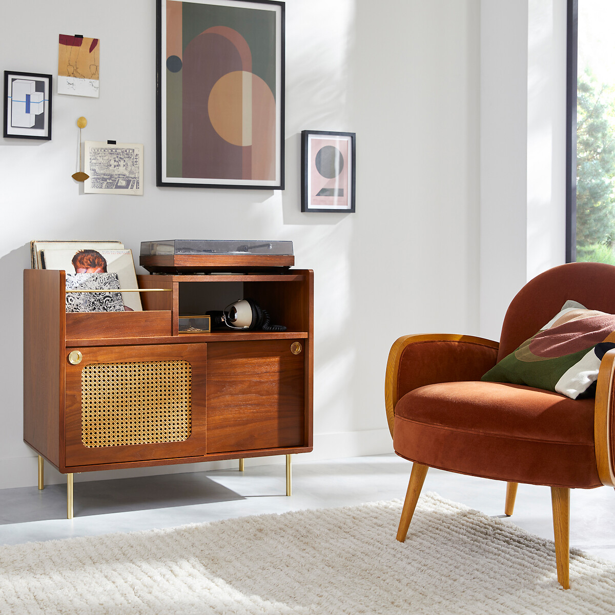 Mueble para vinilos de chapa de nogal y mimbre, Redpop nogal, LA REDOUTE INTERIEURS