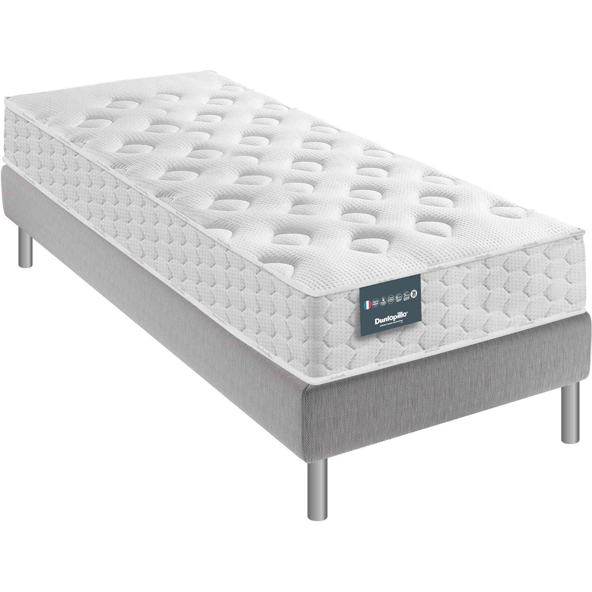 Matelas mousse mémoire, sommier pieds NARCISSE blanc, DUNLOPILLO