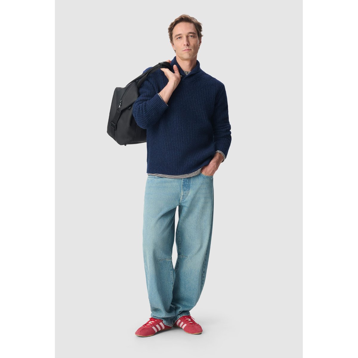 Pull col châle tricot bleu marine, IKKS