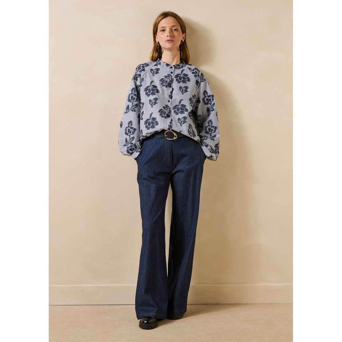 Chemise à rayures et motif en jacquard manches longues denim, LA FEE MARABOUTEE