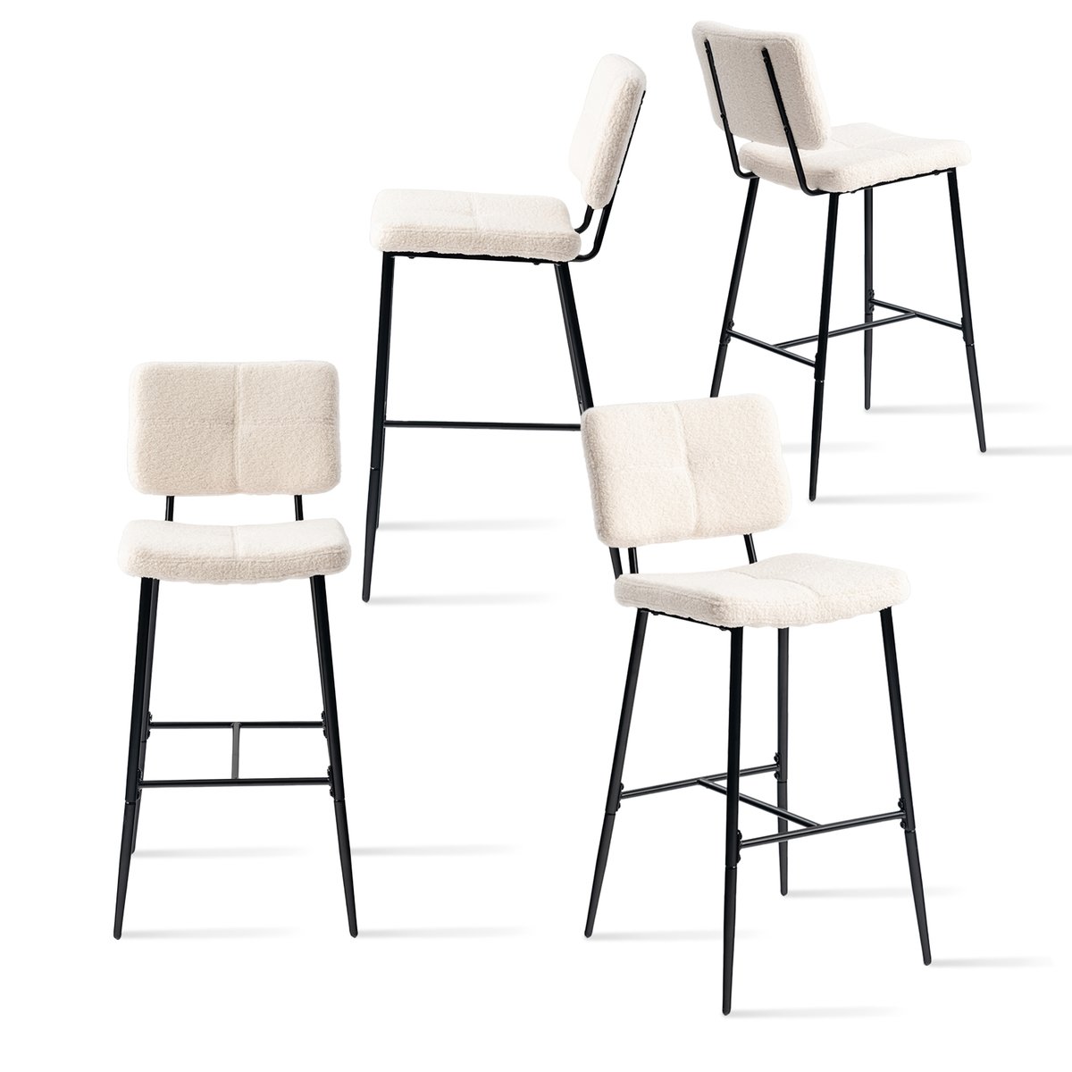 Lot de 4 tabourets de bar en bouclette industriel, POMONA beige, MEUBLES COSY