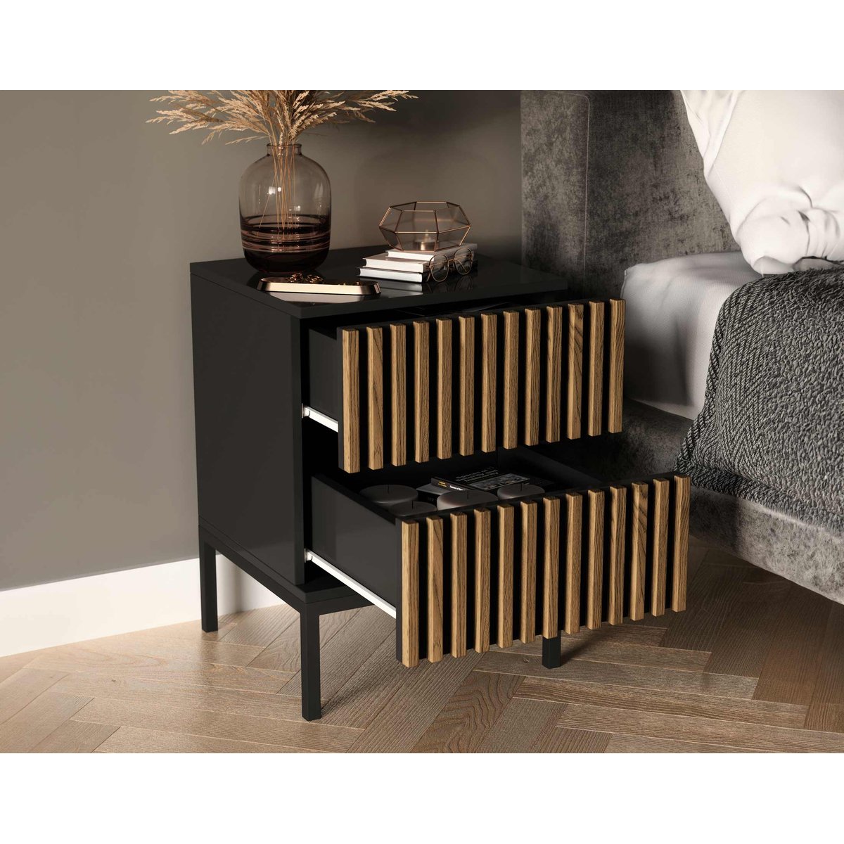 Table de chevet - SAVANNA bois / noir, BEST MOBILIER