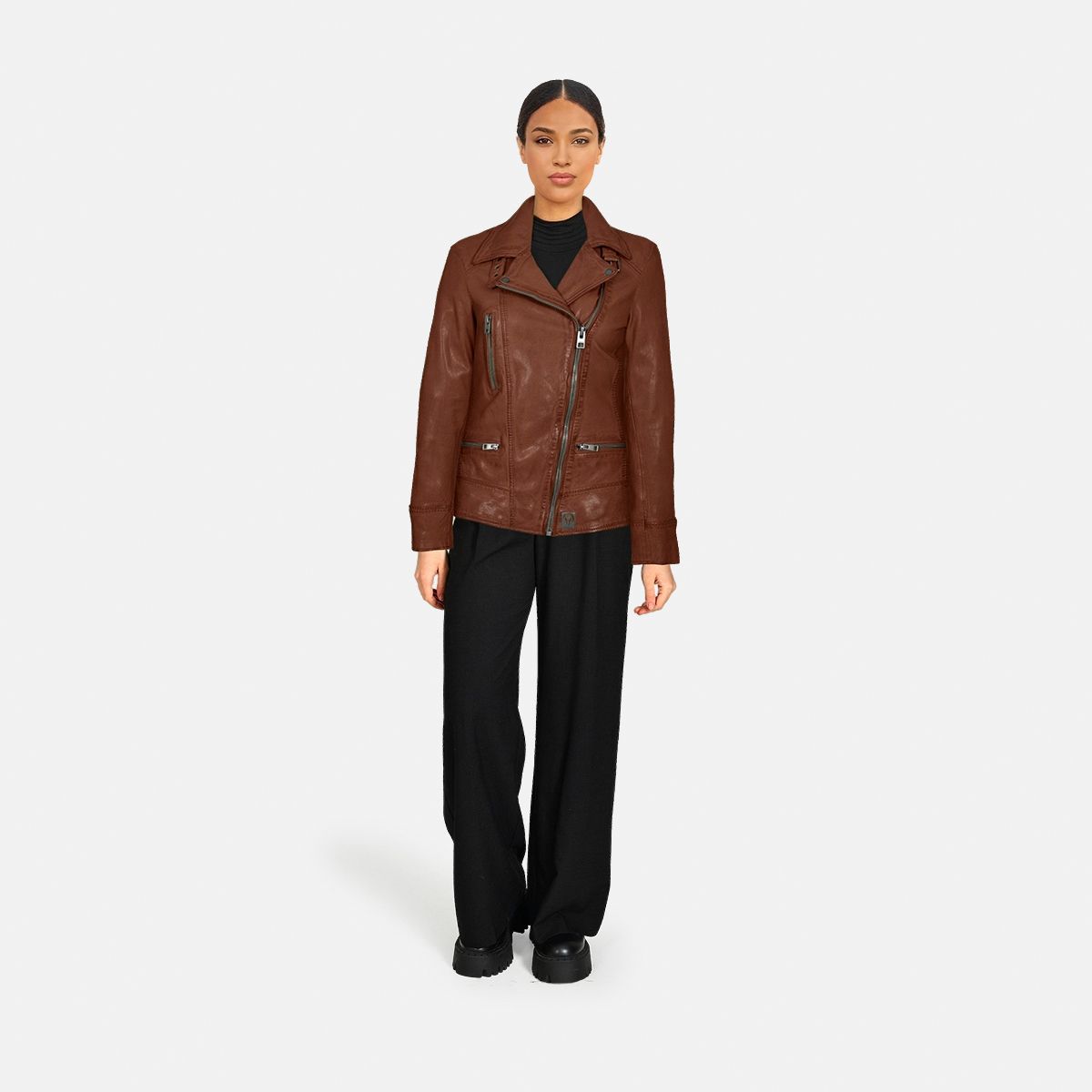 Blouson cintré en cuir de mouton VIDEO marron glacé, OAKWOOD