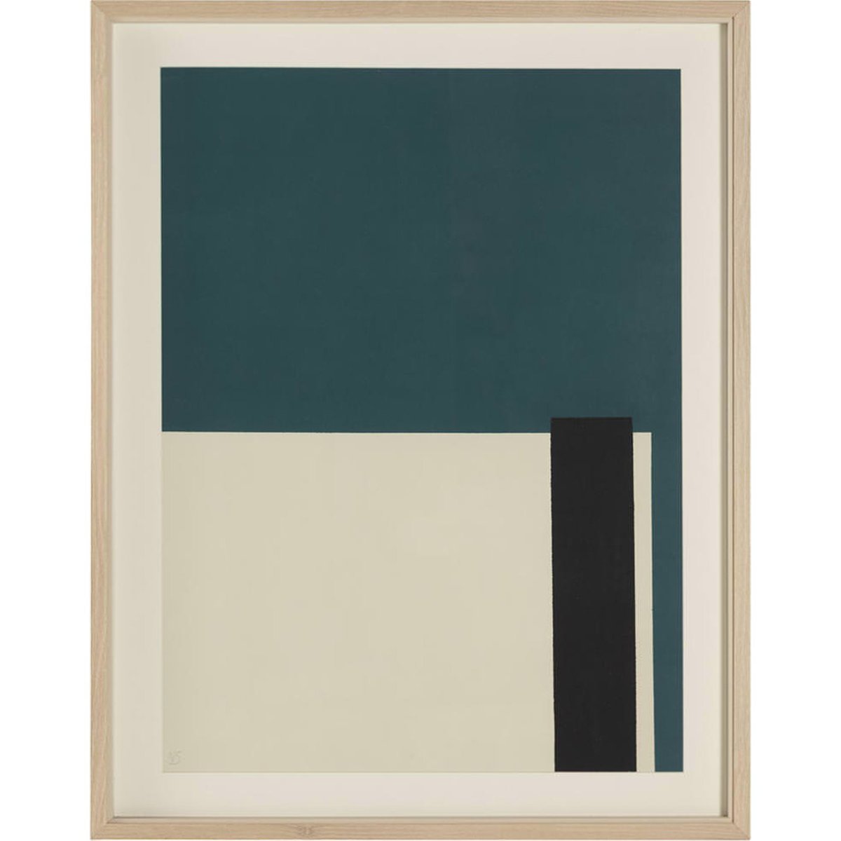 Toile encadrée abstraite en bois et verre blanc, vert océan, noir et naturel, RECOLLECTION