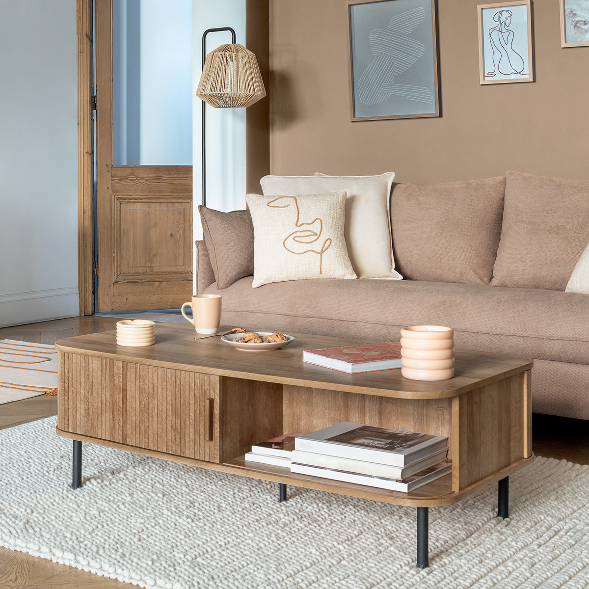 Table basse 2 portes coulissantes effet chêne COLVA beige, ATMOSPHERA
