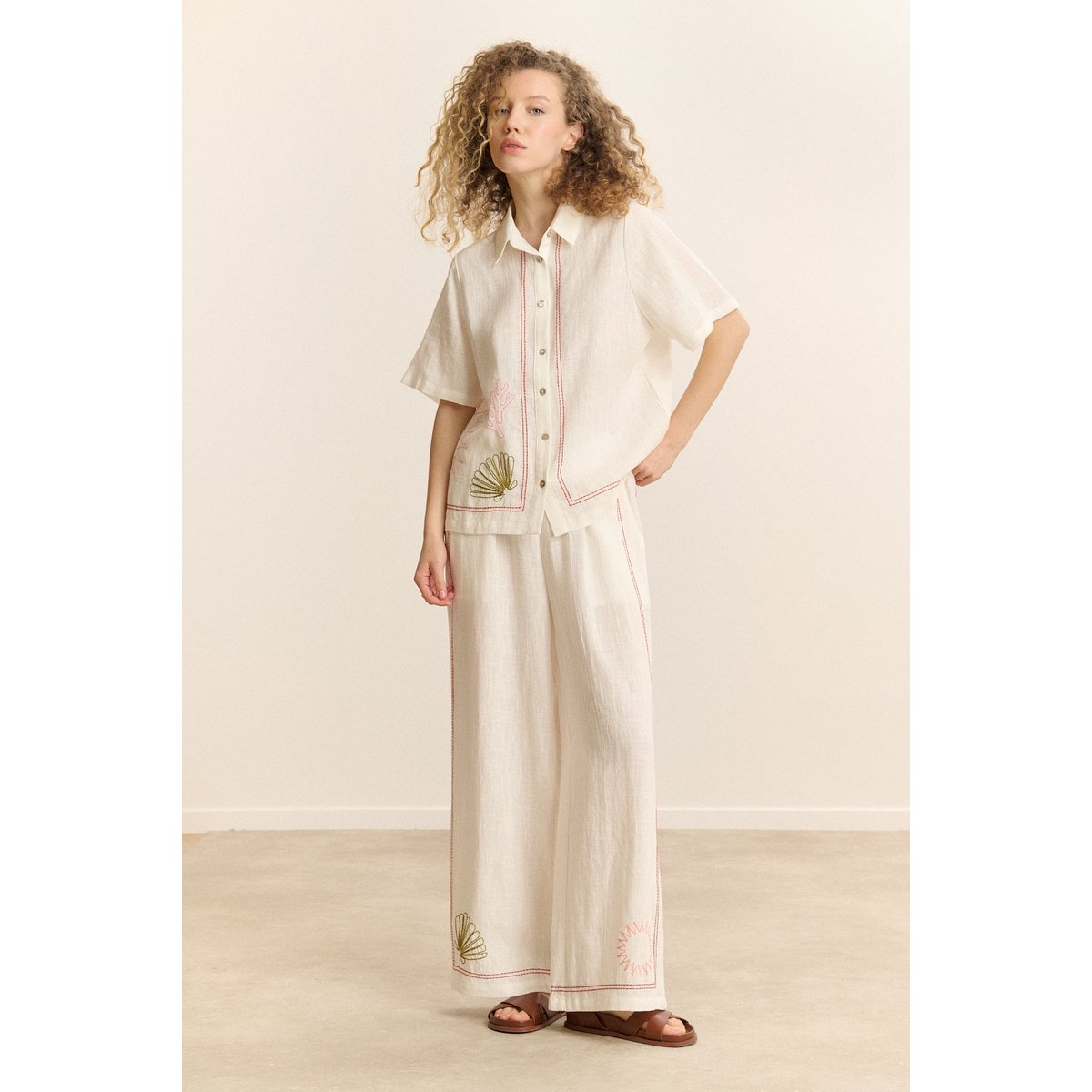 Chemise manches courtes brodée CENIE blanc, GARANCE PARIS