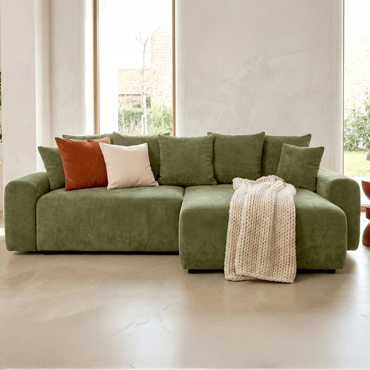 Canapé d'angle convertible réversible 4 places avec coffre de rangement en tissu chenille - MONCEAU vert olive, HOMIFAB