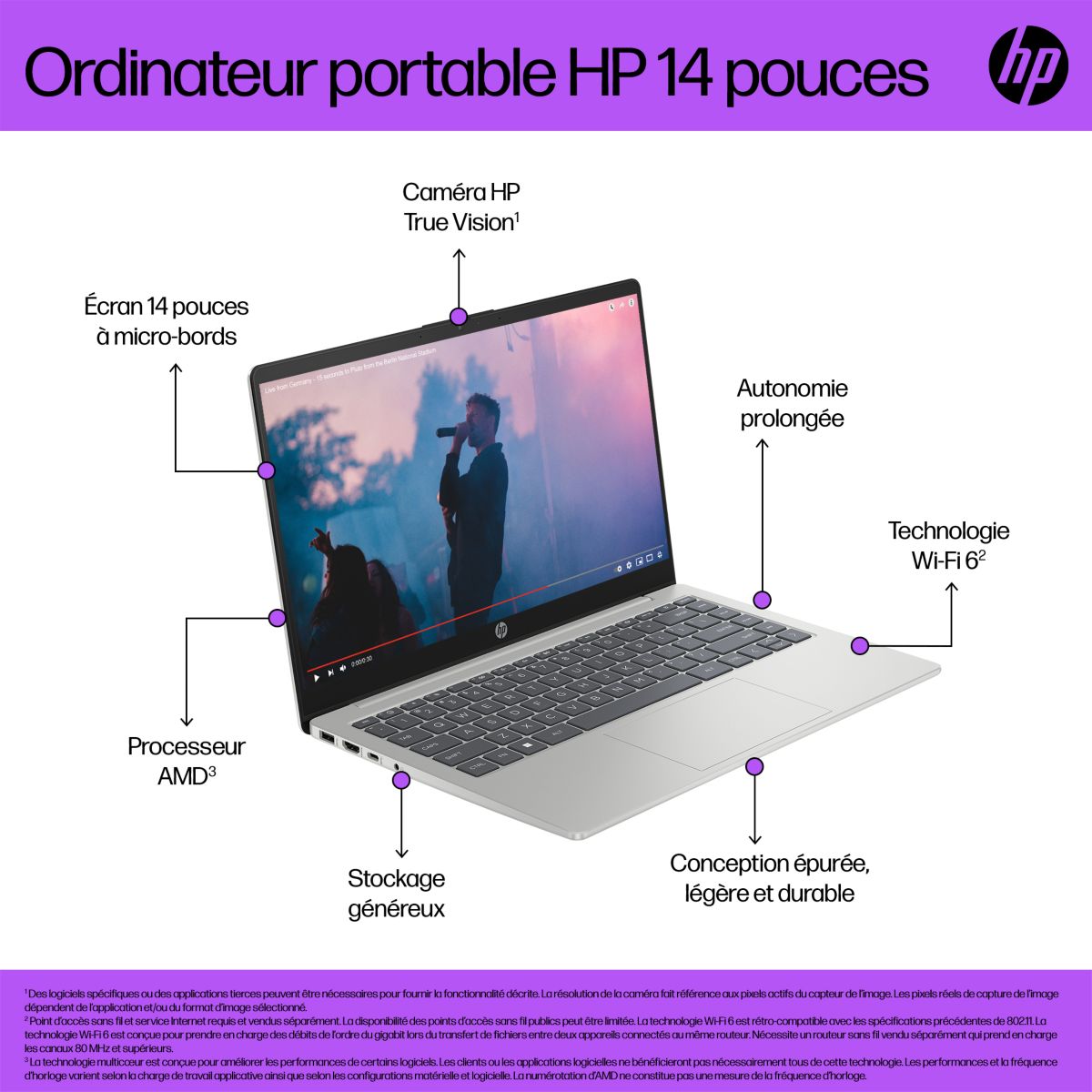 Ordinateur portable 14-em0042nf 14" AMD Ryzen 5 7520U 16 Go RAM DDR4 SSD 512 Go couleur unique, HP