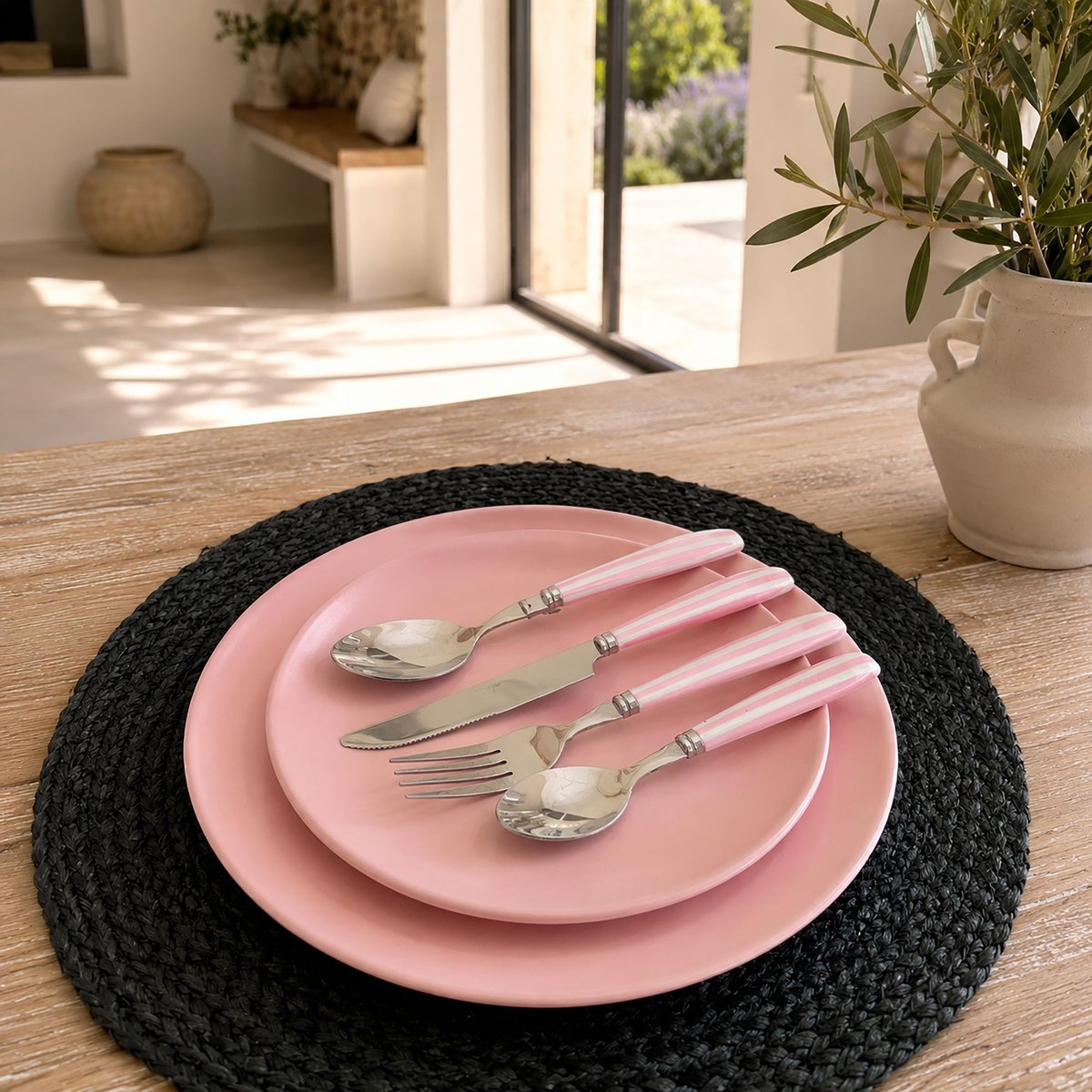 Ménagère 24 pièces en acier inoxydable blanc-rose, NOVASTYL