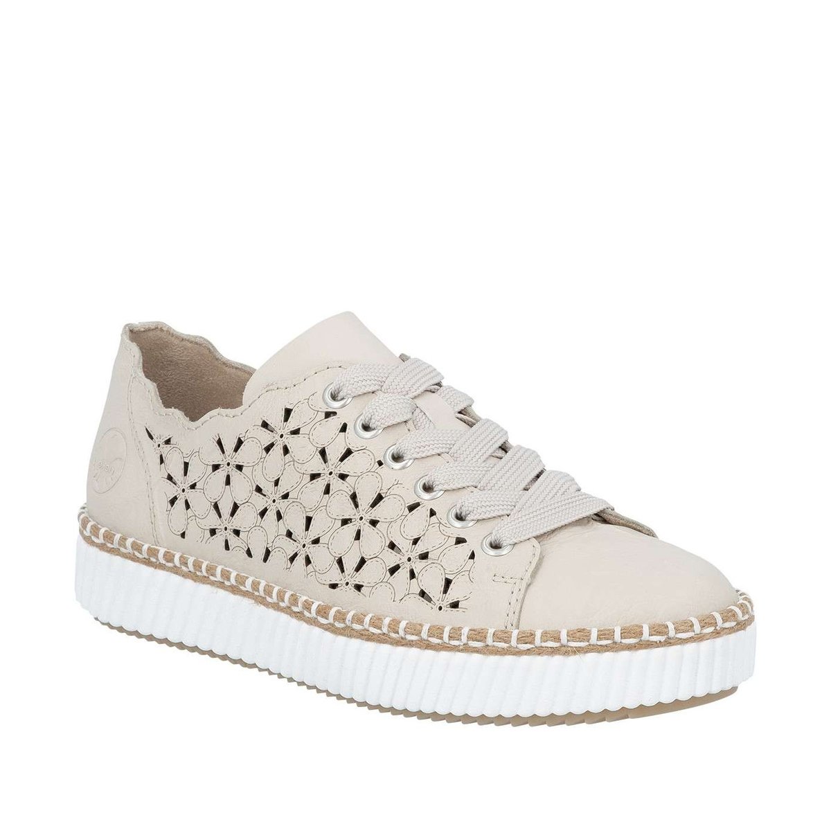 Tennis beiges en cuir à talon plat avec des lacets et des motifs fleuris beige, RIEKER