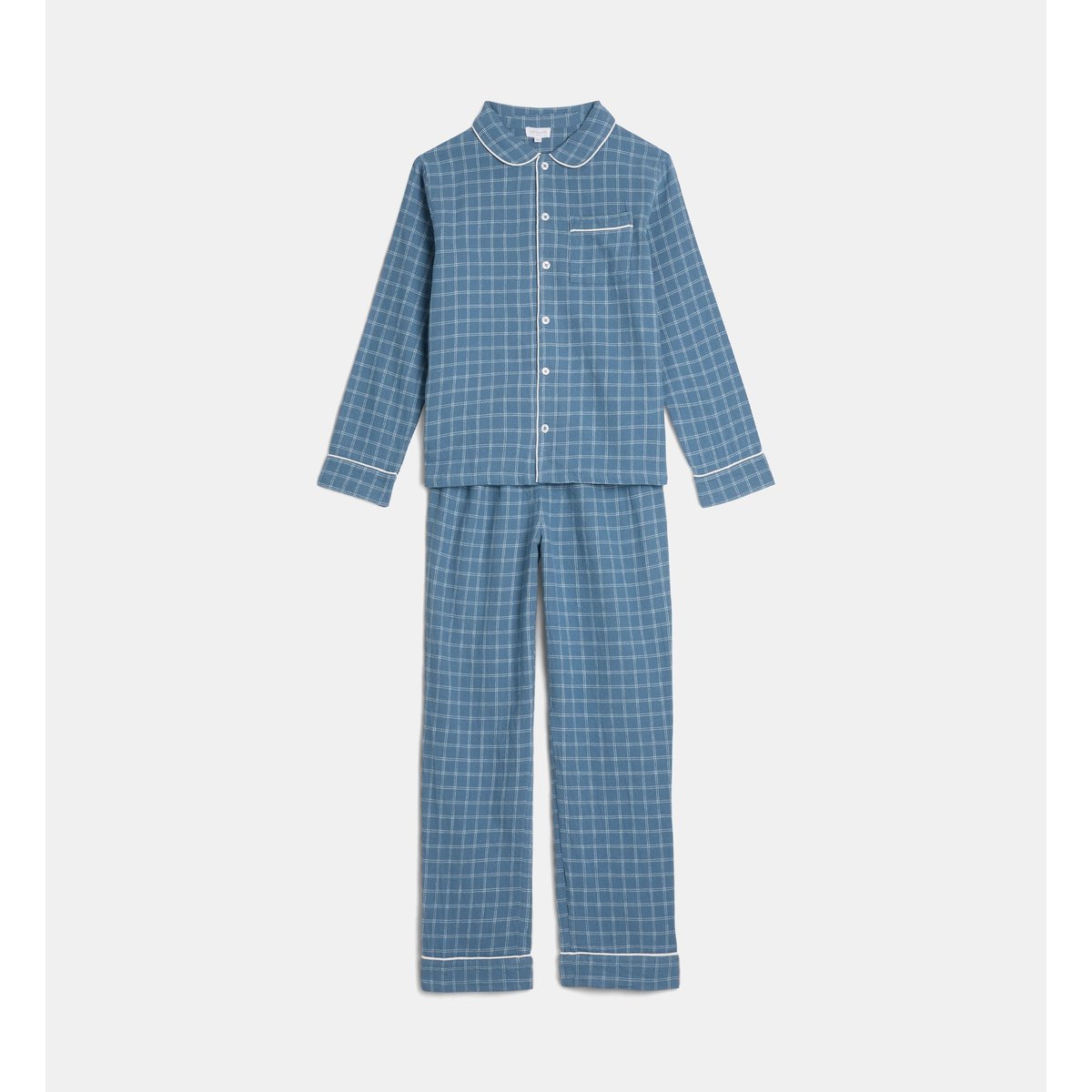 Pyjama long tapon en flanelle de coton bio bleu et écru, CADET ROUSSELLE