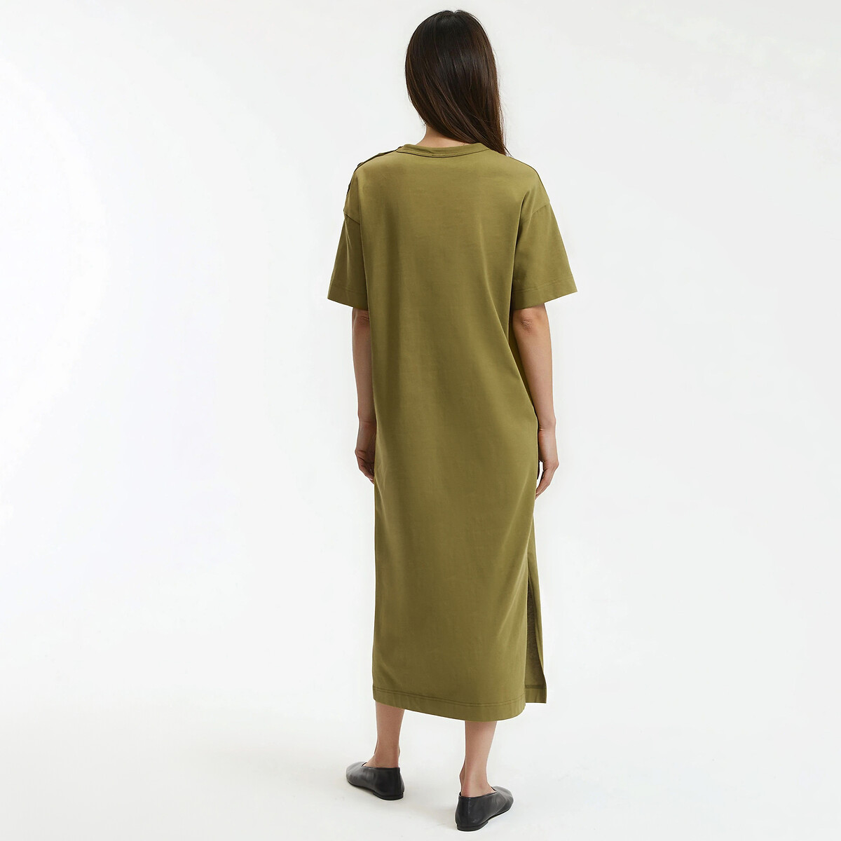 Lange jurk in jersey, knoopsluiting op de schouder olijfgroen, LA REDOUTE COLLECTIONS