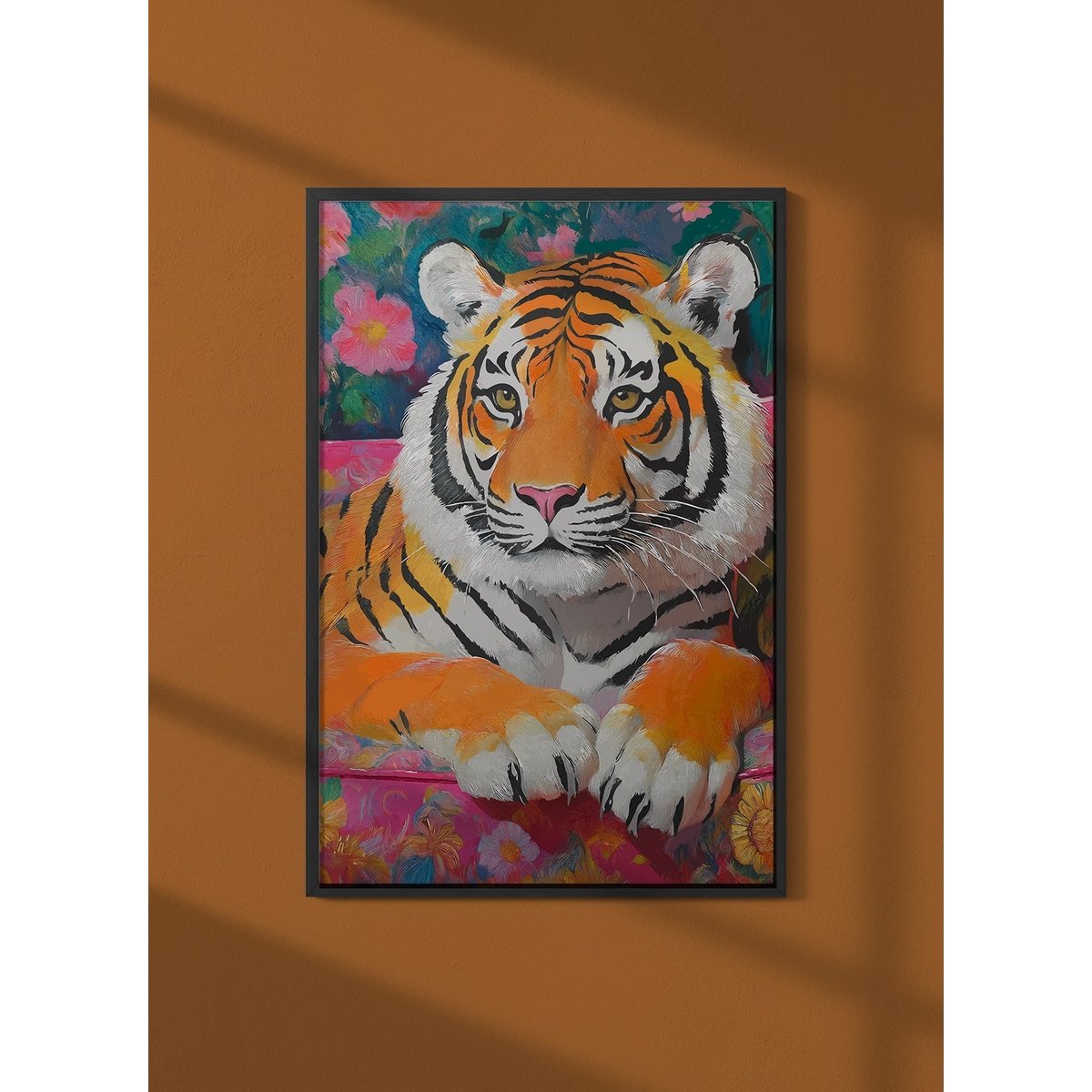 Affiche Tigre canapé fleuri blanc, L'AFFICHERIE