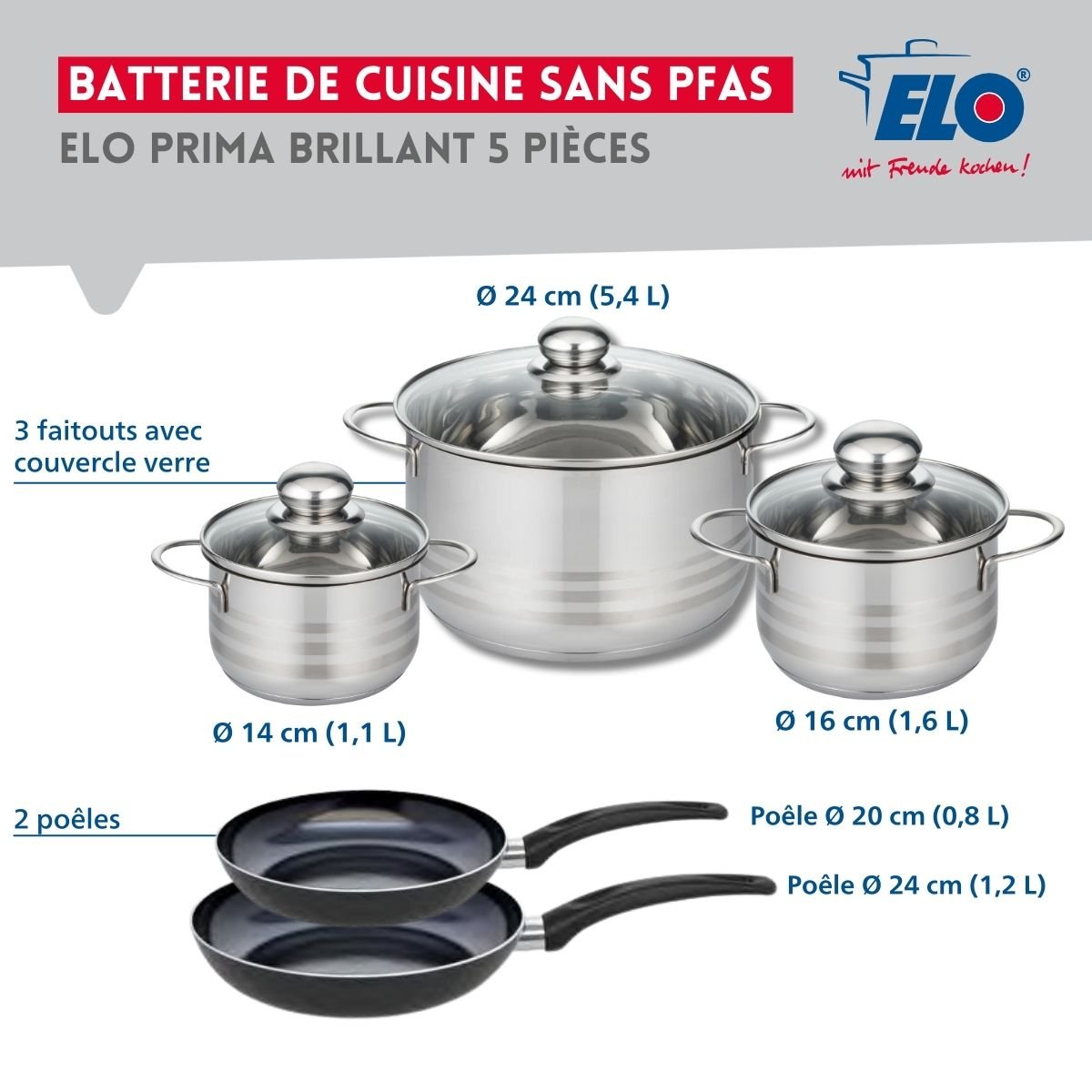 Batterie 2 poêles 20/24cm + 3 faitouts 14/16/24cm PRIMA BRILLANT noir, ELO