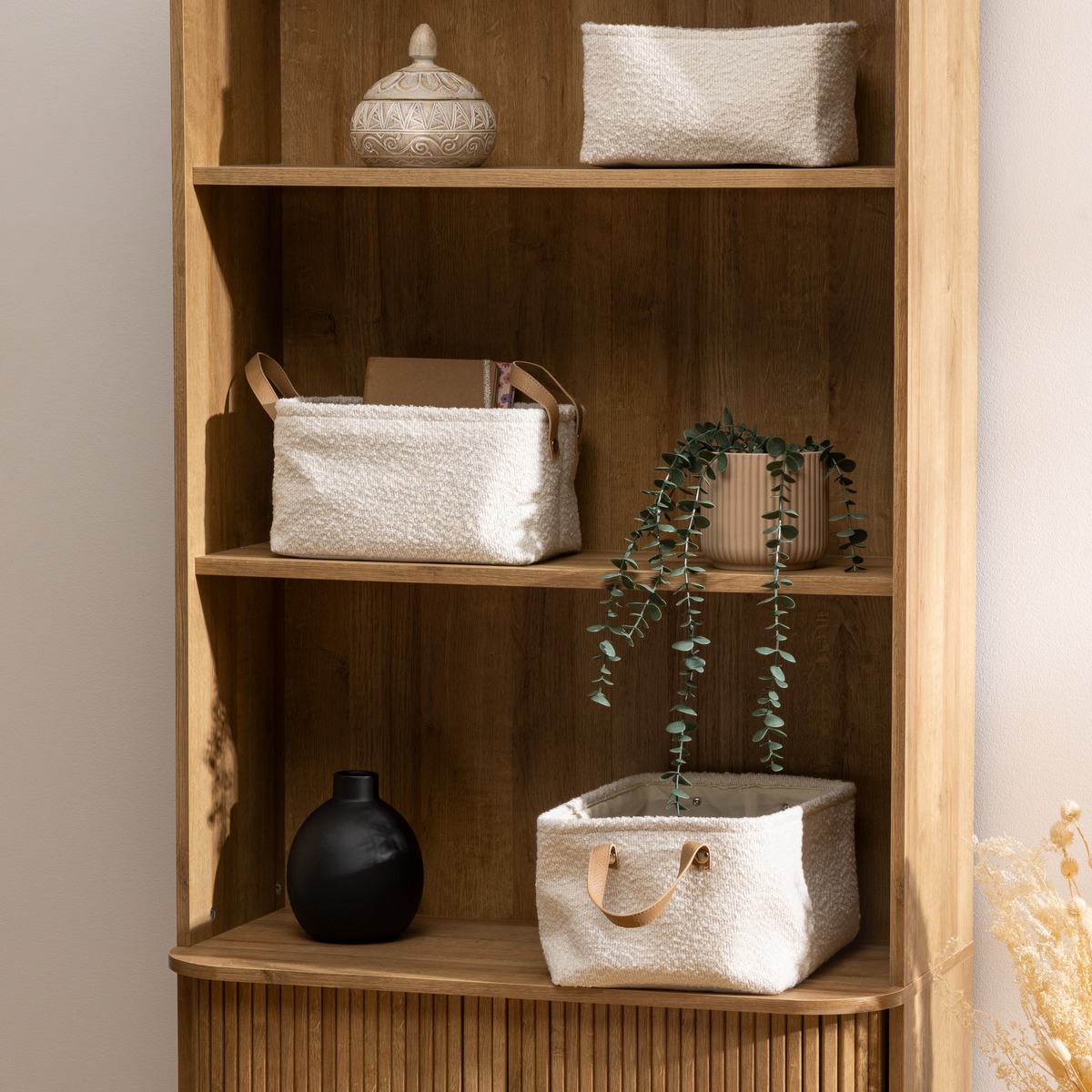 Lot de 3 paniers en tissu bouclette à poignées effet cuir LOE blanc, ATMOSPHERA