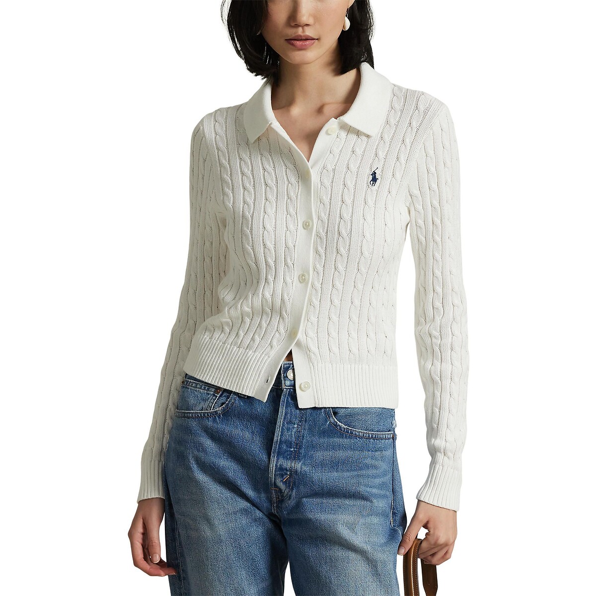 Cardigan à col polo et à manches longues, en maille torsadée blanc, POLO RALPH LAUREN