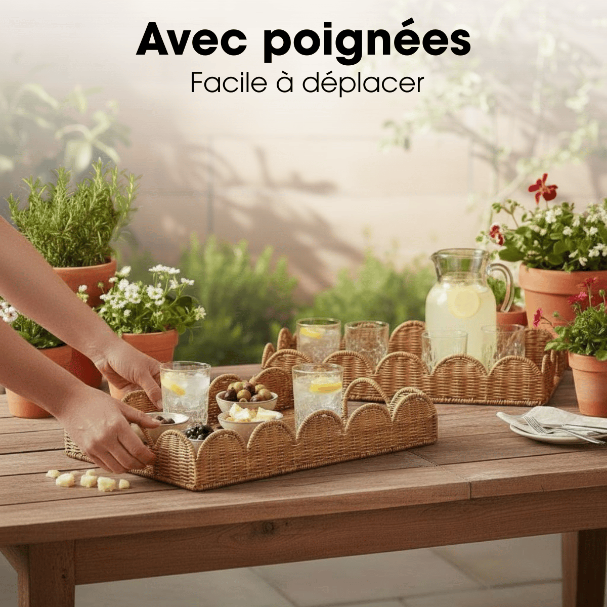 Lot de 2 plateaux en rotin tressé ELETA marron clair, MICA DECORATIONS