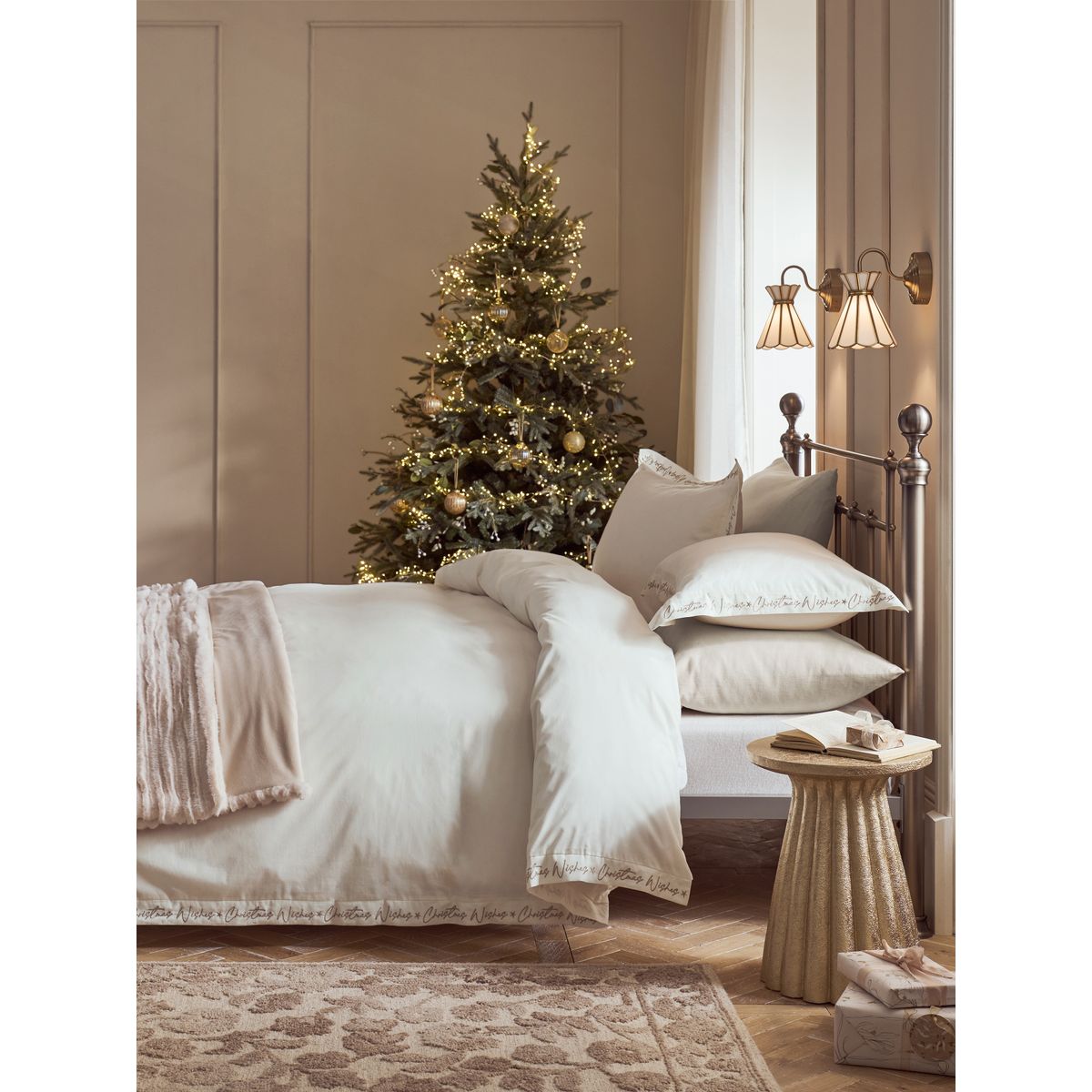 Parure housse satin brodé 200 fils vœux de noël blanc, NEXT