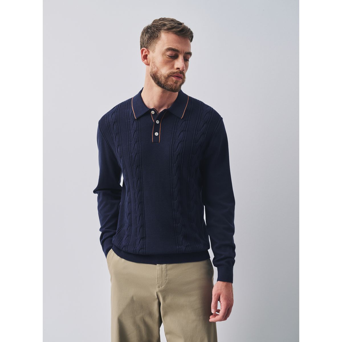 Polo en maille torsadée à liserés bleu marine, NEXT