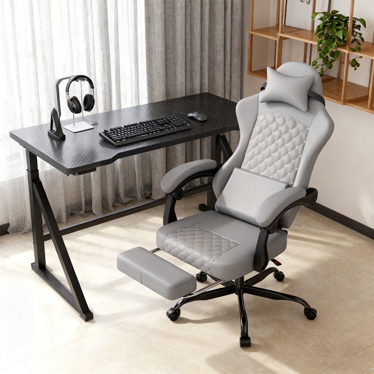 Chaise de bureau et jeu ergonomique avec repose-pieds escamotable et soutien lombaire, CURRIA gris, MEUBLES COSY