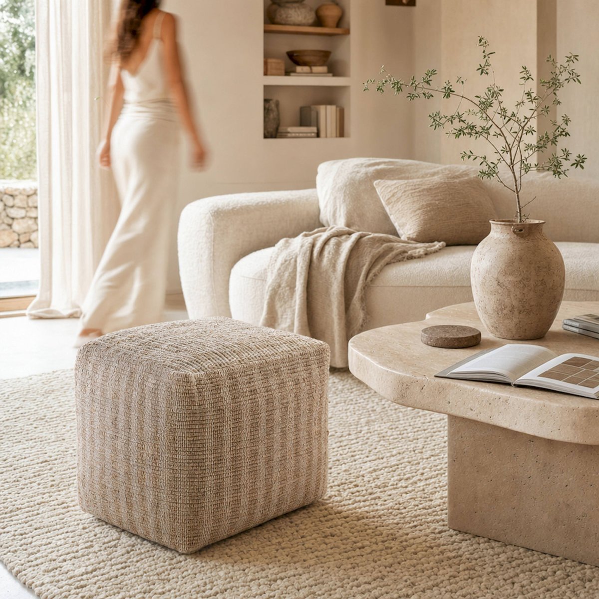 Pouf carré en coton beige, RECOLLECTION