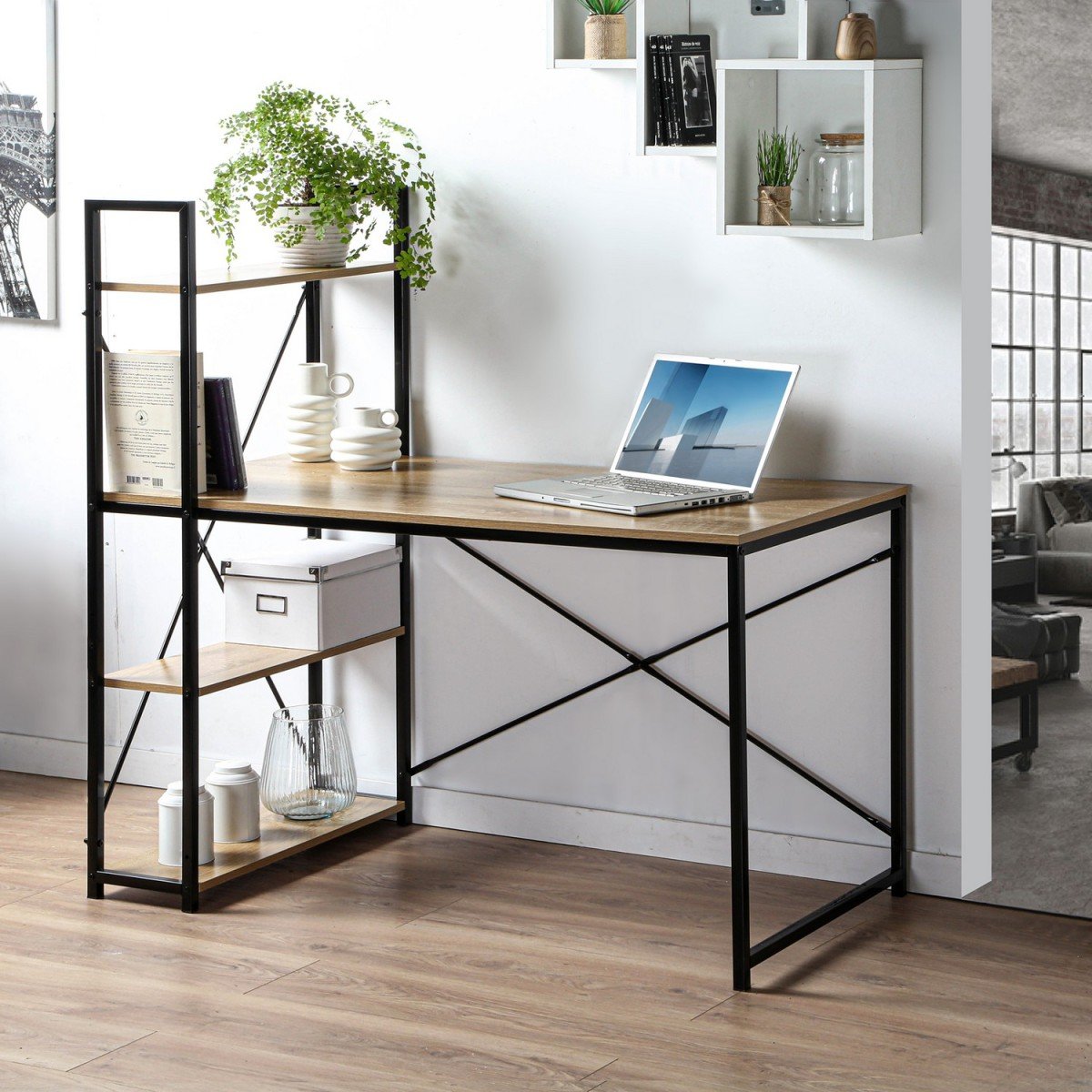 Bureau L120cm avec 4 étagères style industriel bois clair, CALICOSY