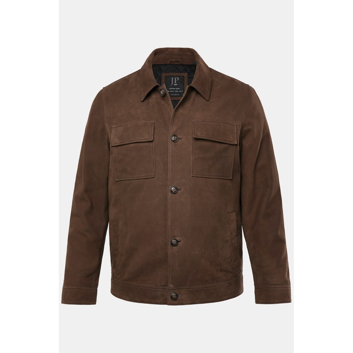 Veste en cuir nubuck d'agneau, col chemise marron tabac, JP1880
