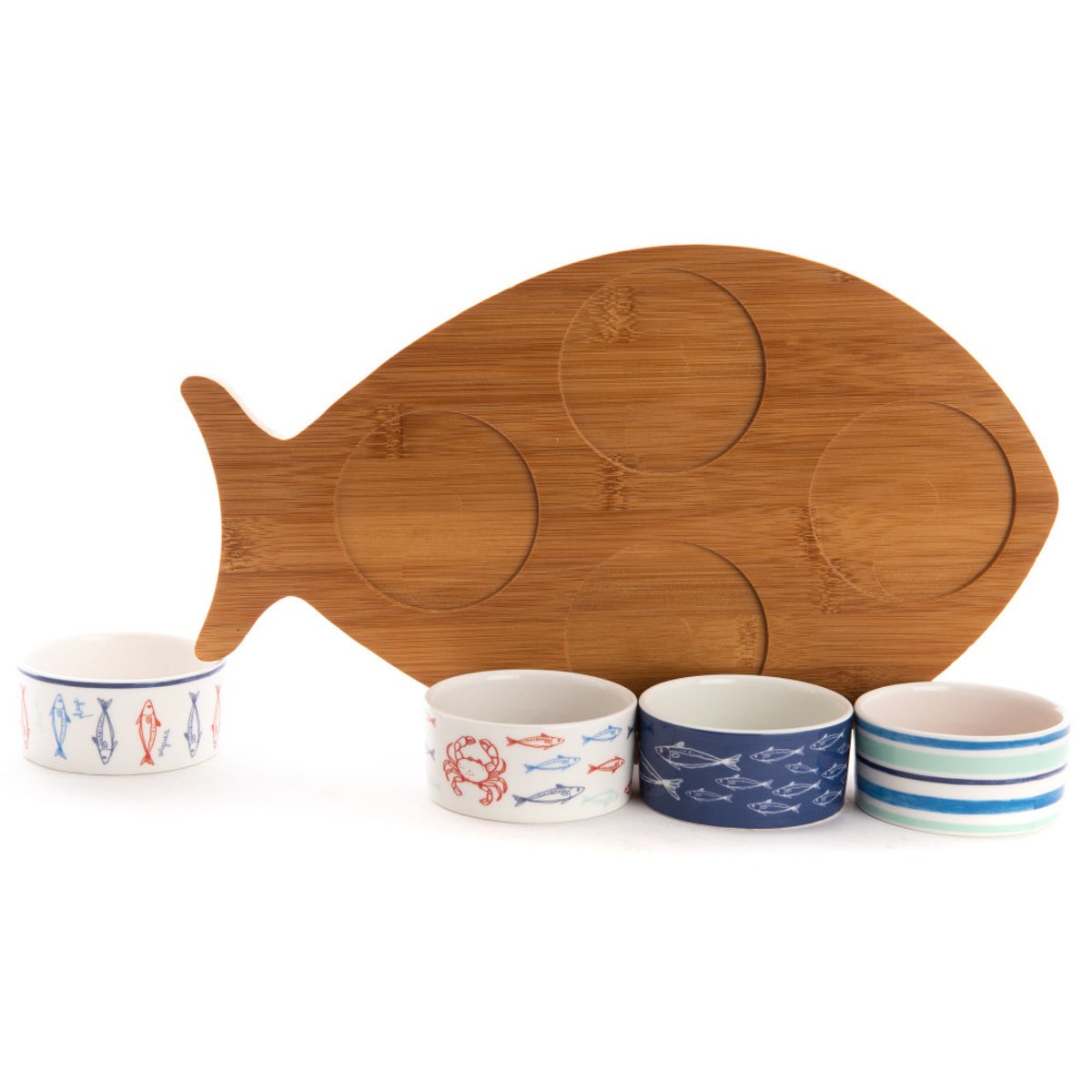 Plateau poisson et ses 4 bols Ariel marron, AMADEUS