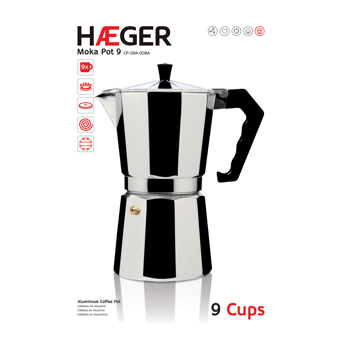 Cafeteira Moka Pot 9, HAEGER cinza-metal, HAEGER