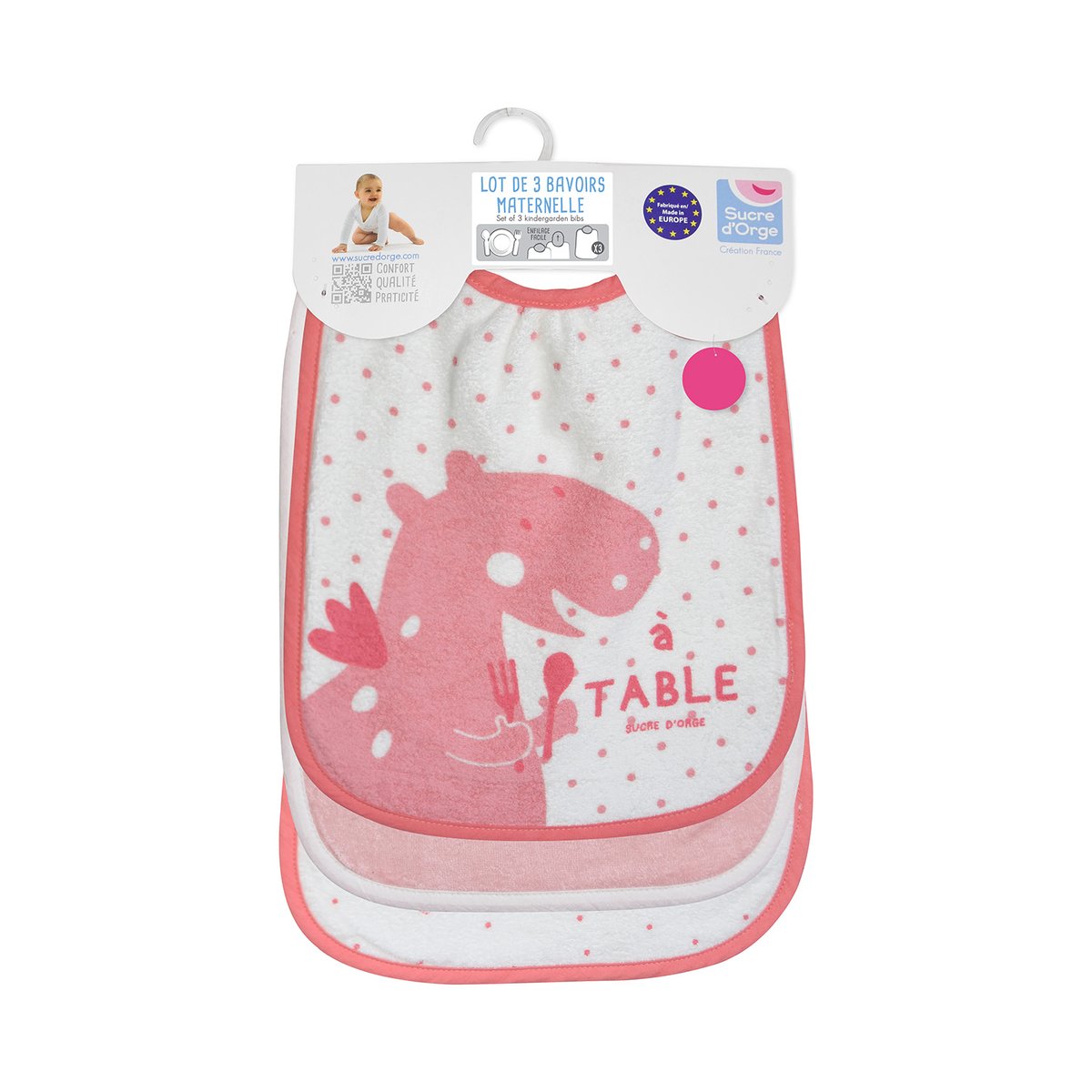 Lot de 3 bavoirs elastique jovana eponge rose, SUCRE D'ORGE