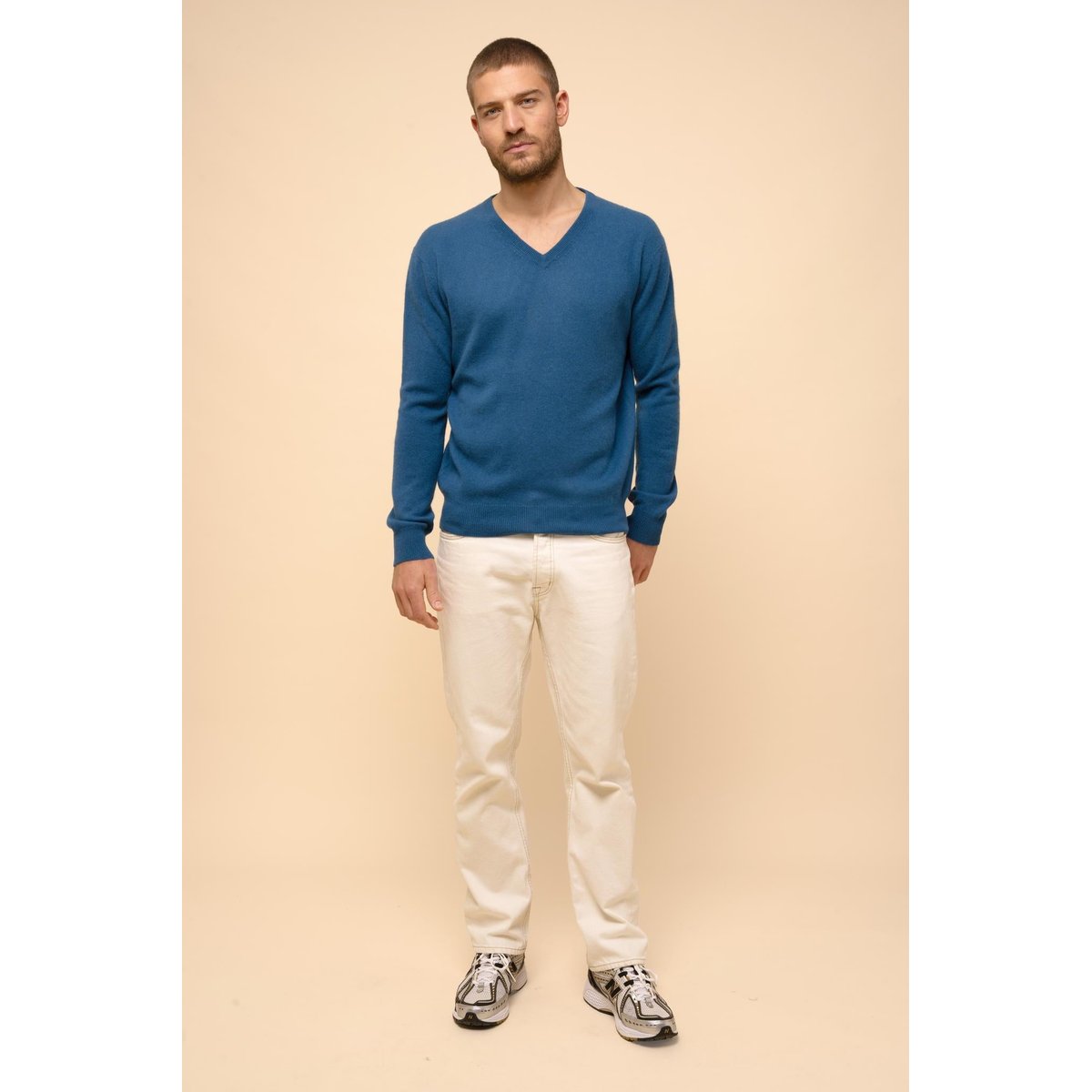 Pull Col V Paon Walt bleu vert, JUST CASHMERE