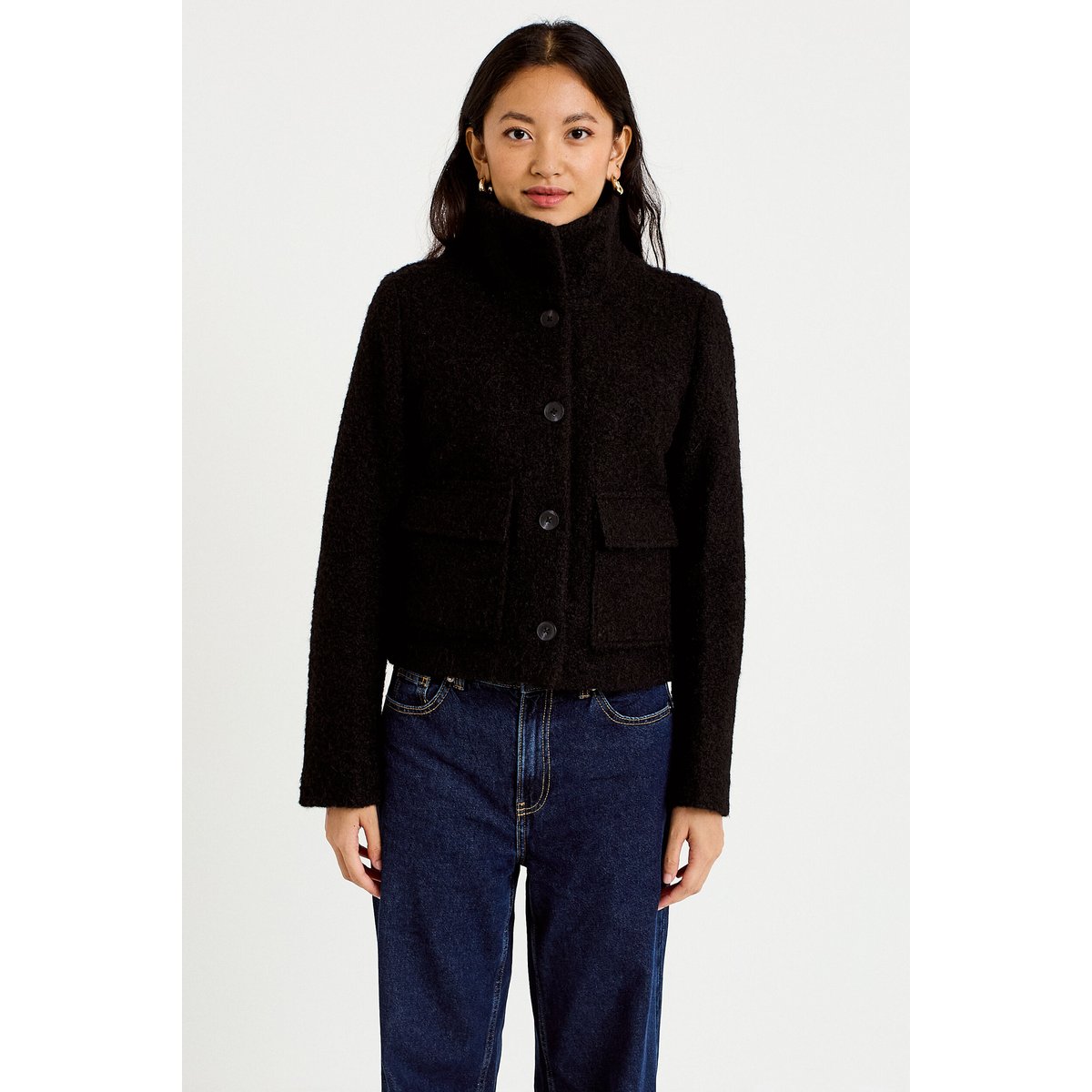 Veste droite bouclette col montant noir, CACHE CACHE