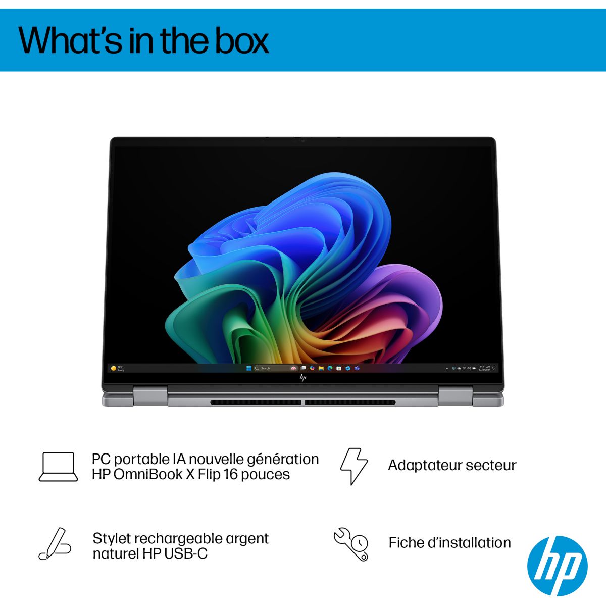 Ordinateur portable OmniBook X Flip ar0003nf 16 pouces OLED AMD Ryzen AI 7 350 24 Go RAM LPDDR5x SSD 512 Go Copilot+PC couleur unique, HP