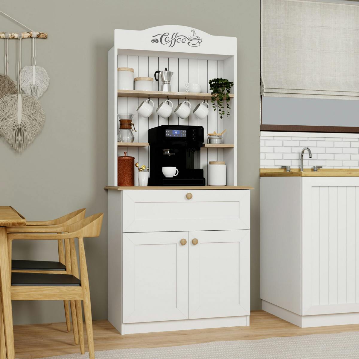 Vaisselier de cuisine avec niche machine à café VAREN blanc, PIER IMPORT