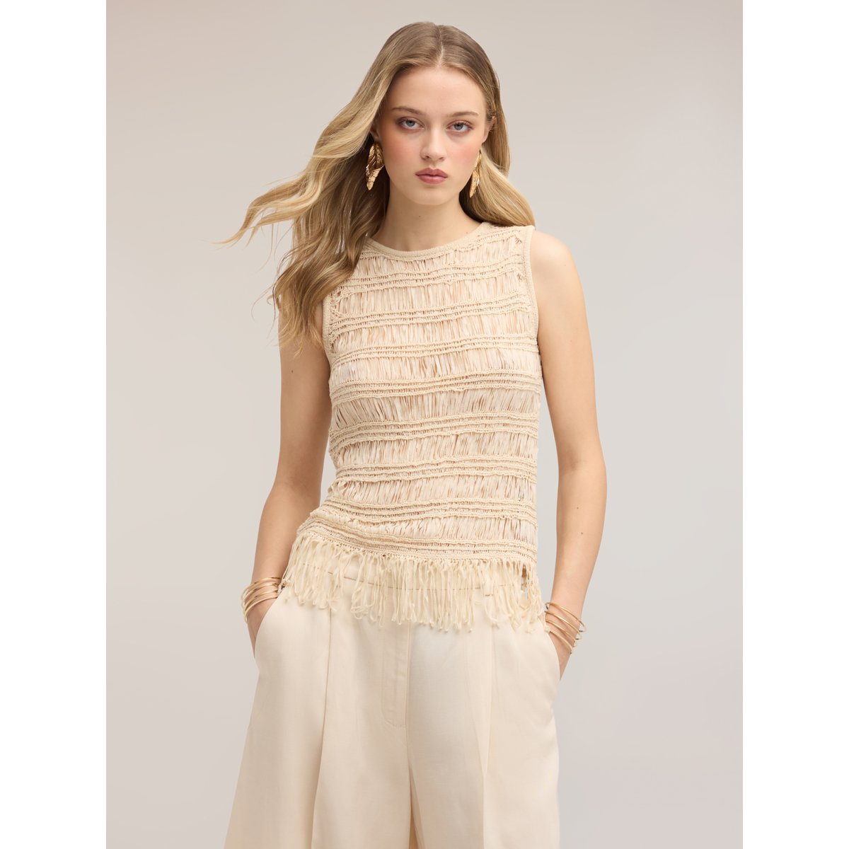 Top macramé à franges beige, MOTIVI