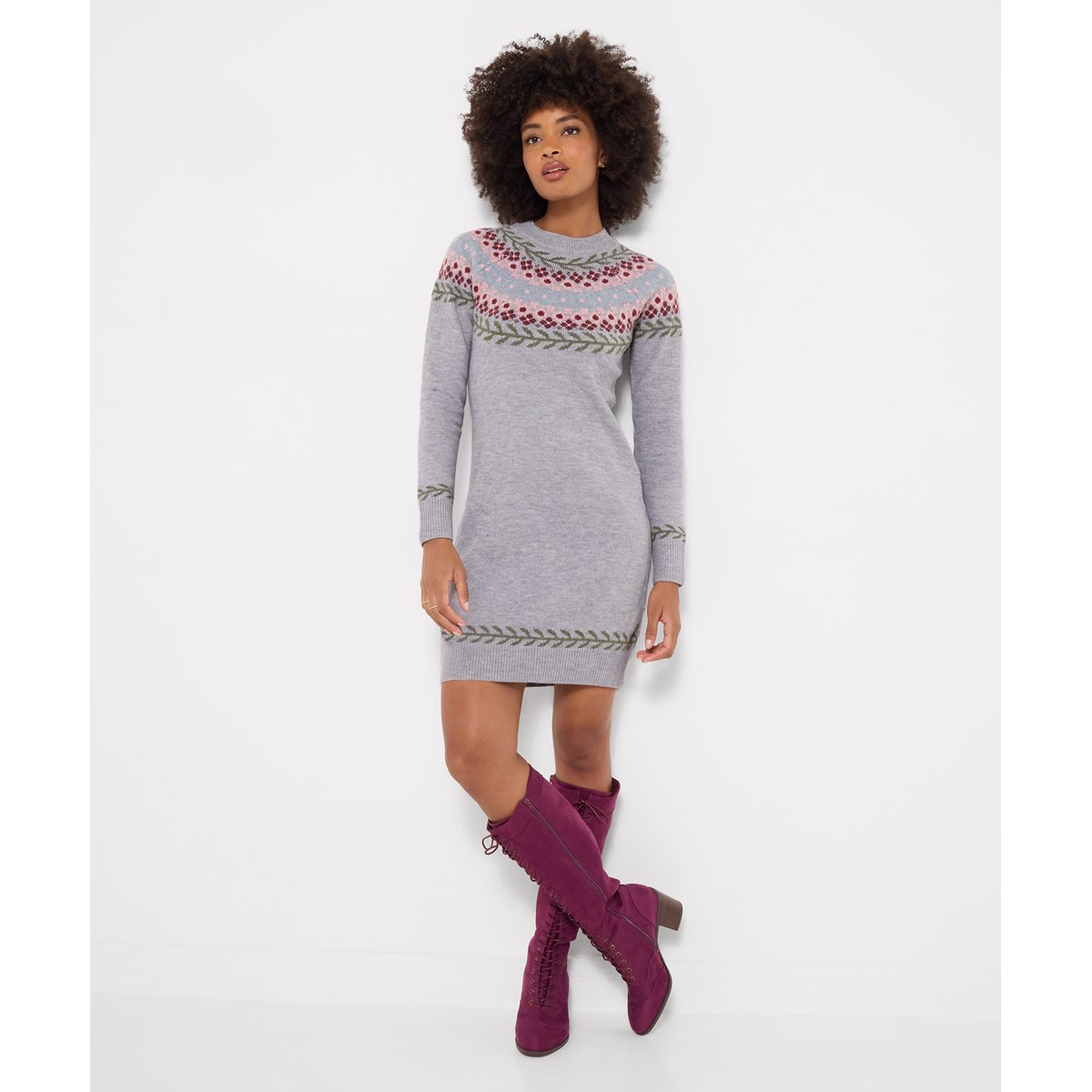 Robe en Maille Jacquard Fair Isle Fleurie gris, JOE BROWNS