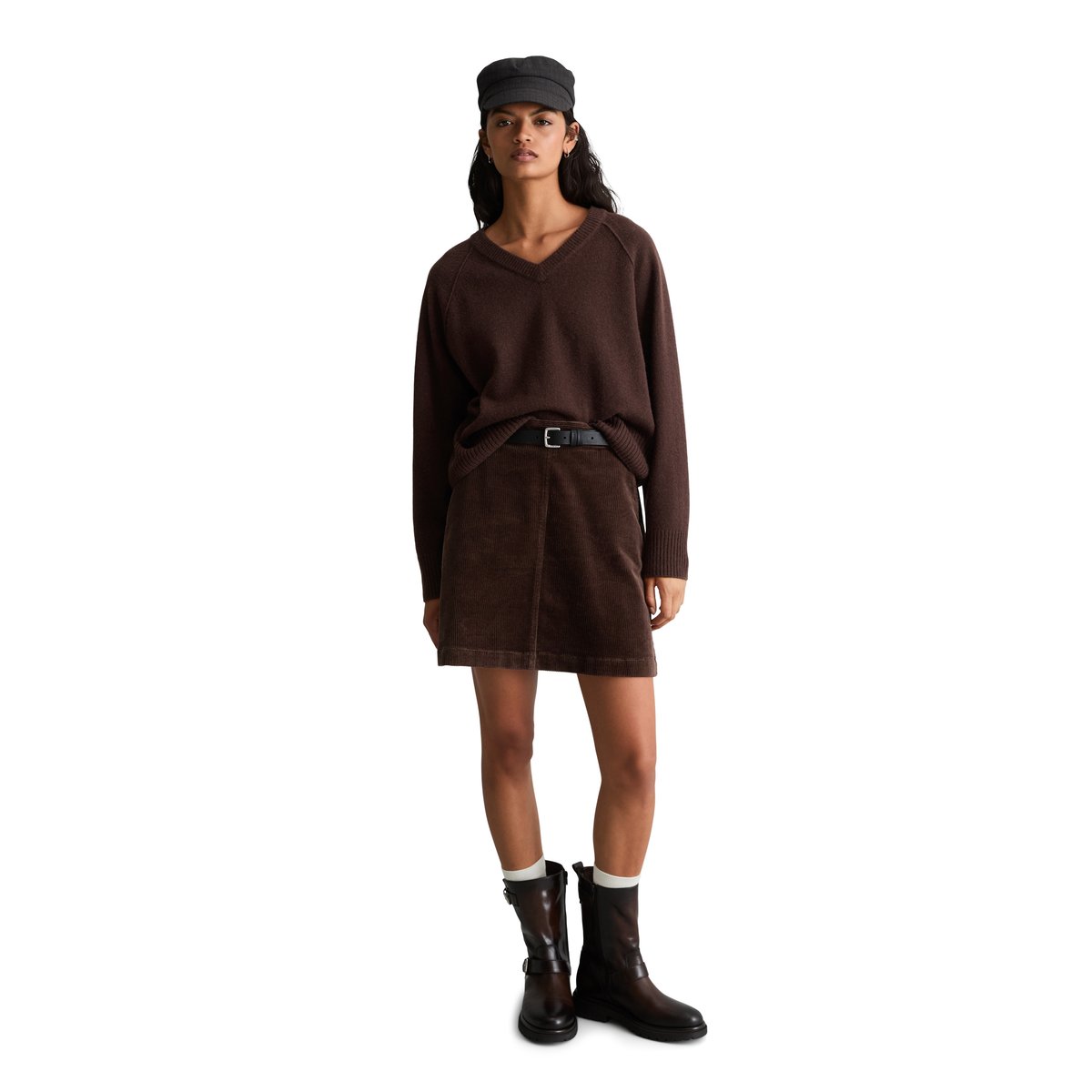 Pull à col en V en laine mérinos, coupe classique au toucher doux marron, MARC O’POLO DENIM