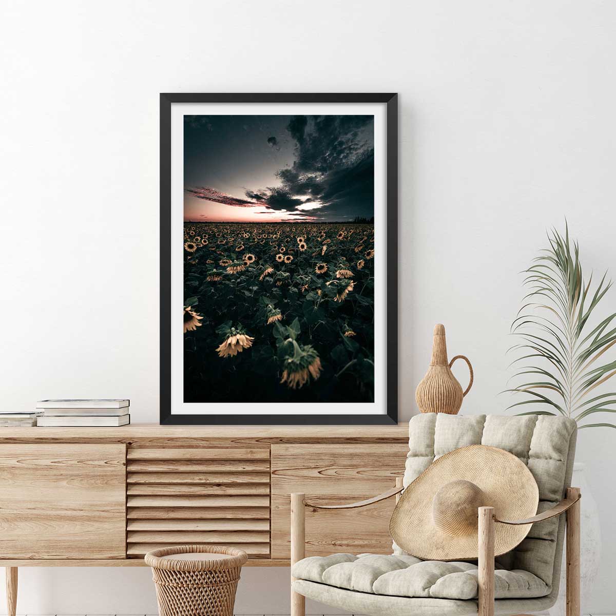 Affiche fleurs wake up sunflowers! affiche + cadre en bois - noir, HEXOA