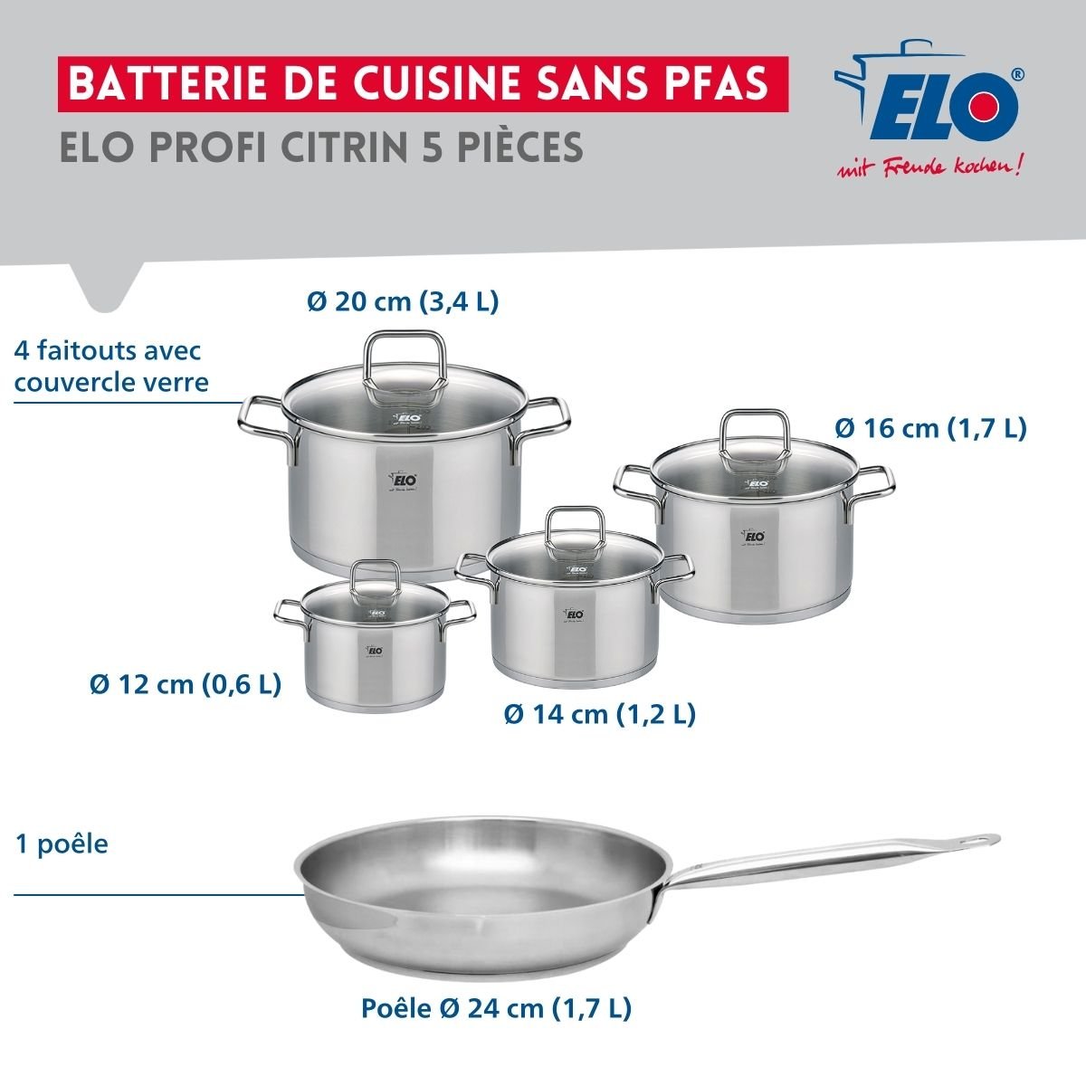 Batterie 1 poêle 24cm + 4 faitouts 12/14/16/20cm PROFI CITRIN gris, ELO
