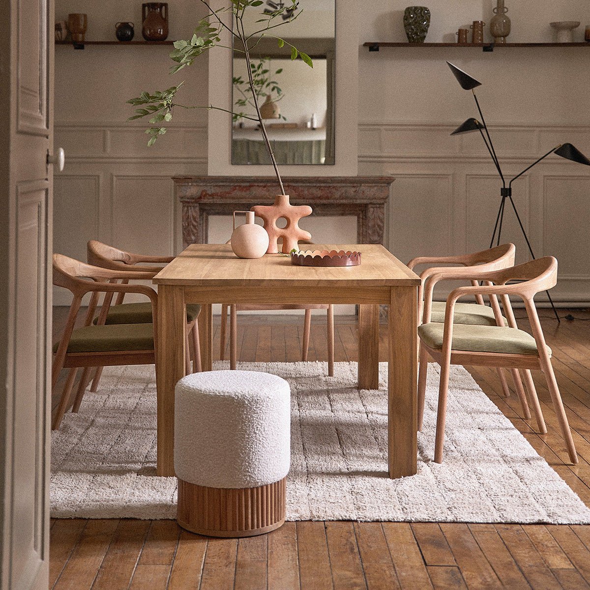Pouf en teck massif et bouclette SERENE naturel, BERAH GETAH