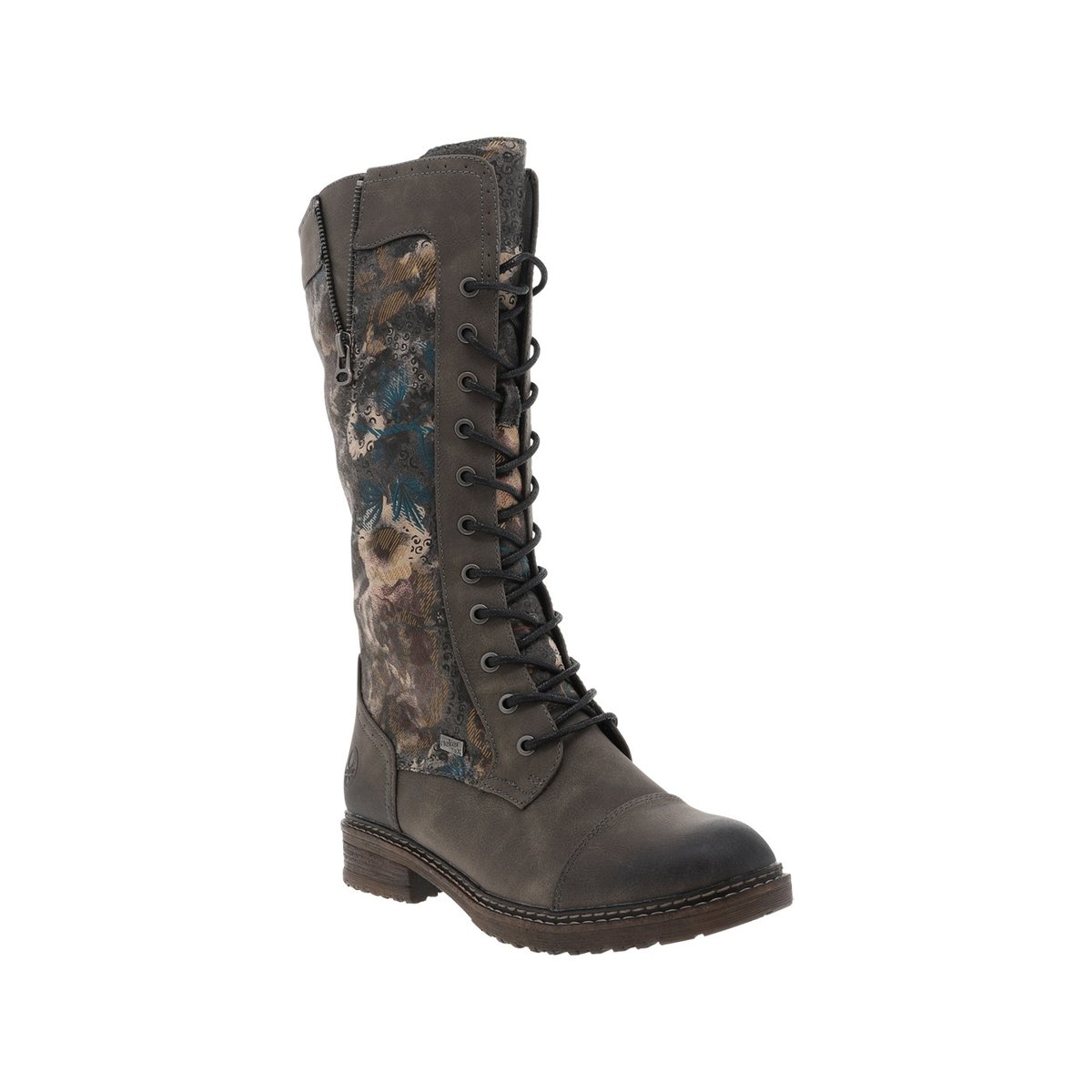 Bottes grises à talon décroché bas avec un zip et des lacets ronds grises, RIEKER