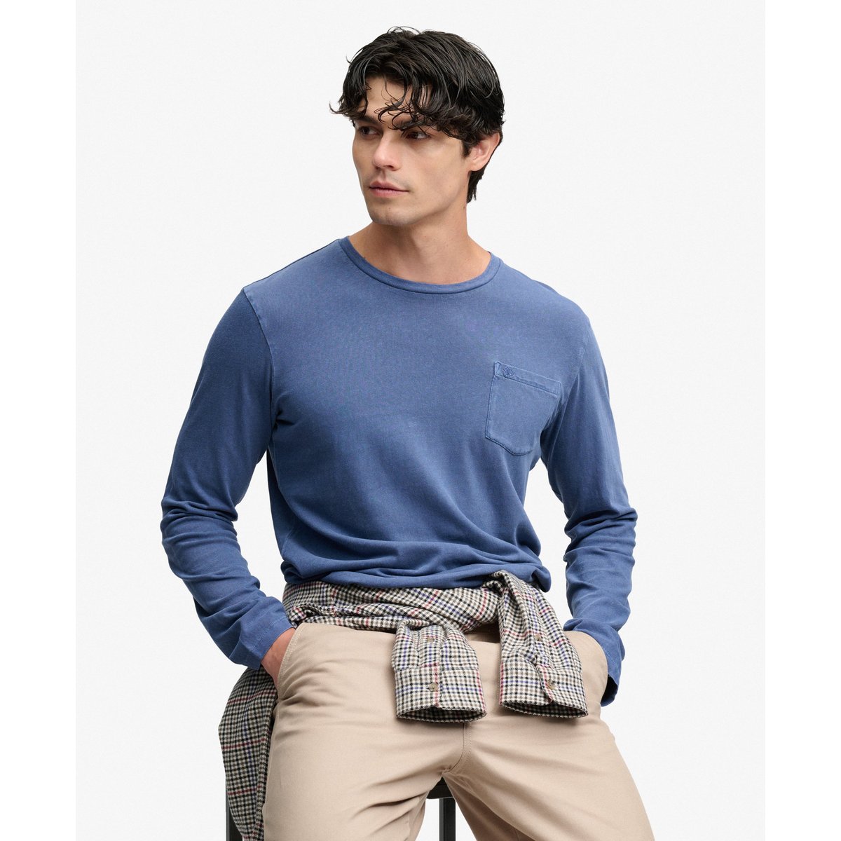 Top à manches longues avec poche en coton et lin bleu spitfire, SUPERDRY