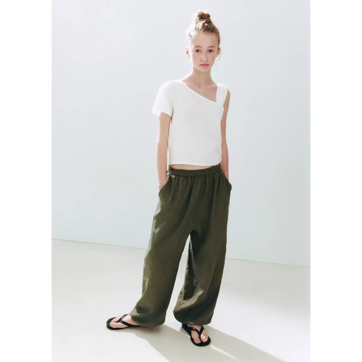Pantalon bouffant en lin kaki, MANGO KIDS