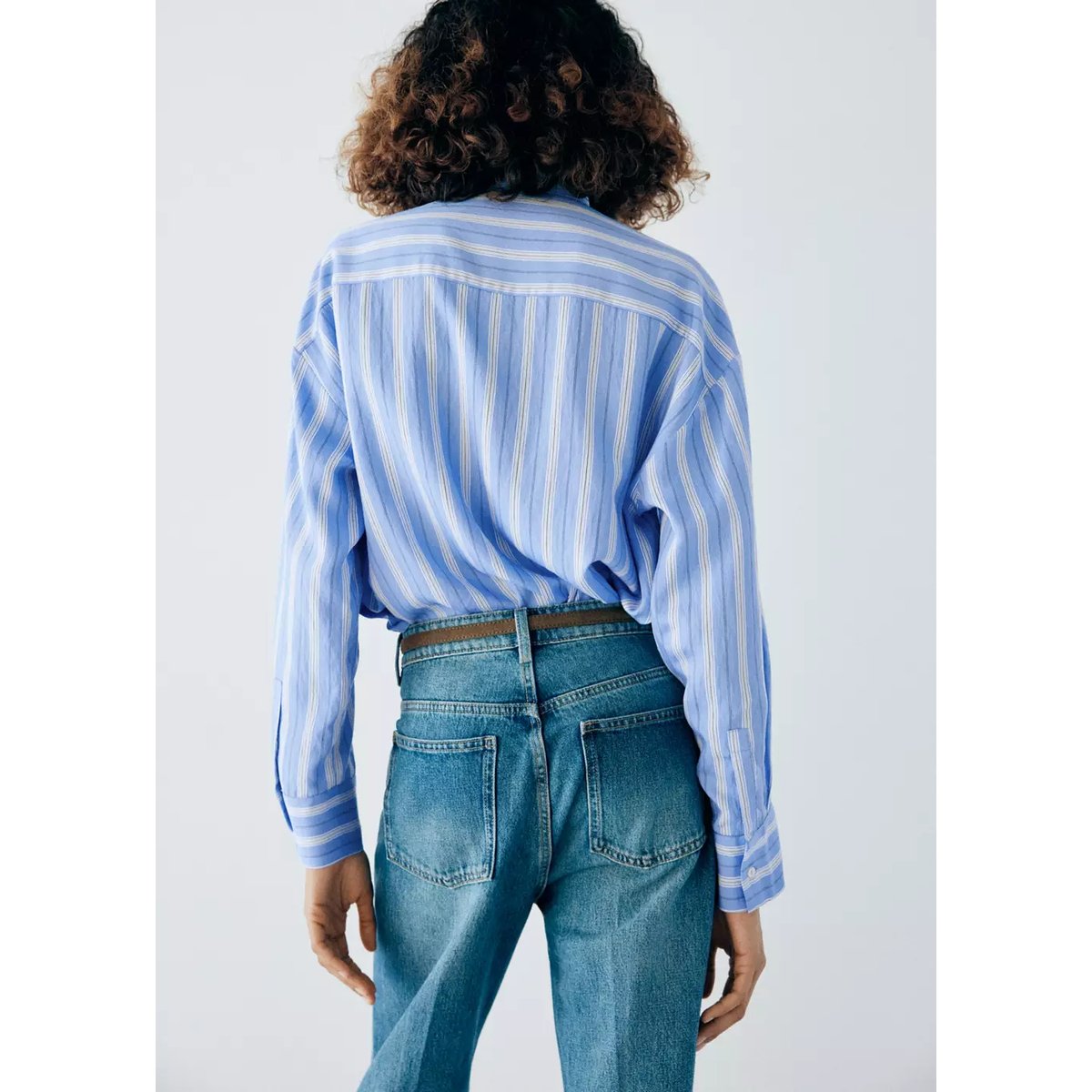 Chemise à rayures col montant bleu, MANGO
