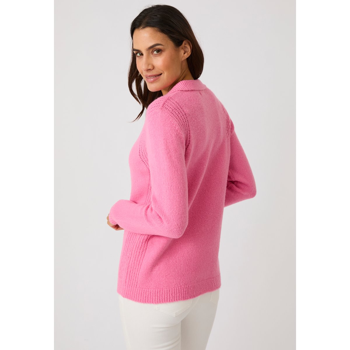 Pull col polo ouvert fantaisie côtelée rose, DAMART