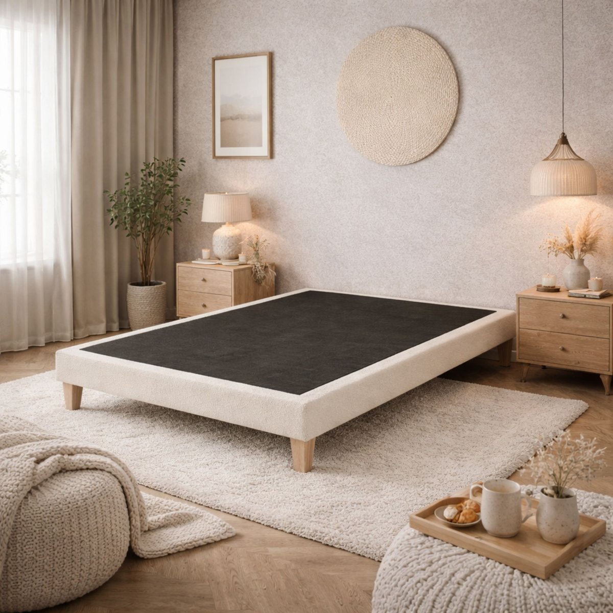 Sommier déco tapissier bouclette Nuage ecru, SOMEO