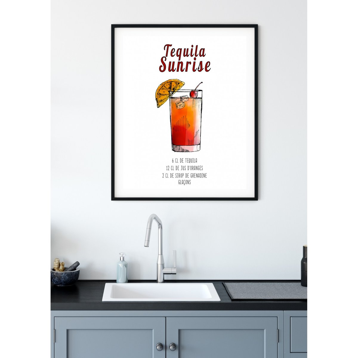 Affiche Cocktail Tequila Sunrise blanc, L'AFFICHERIE