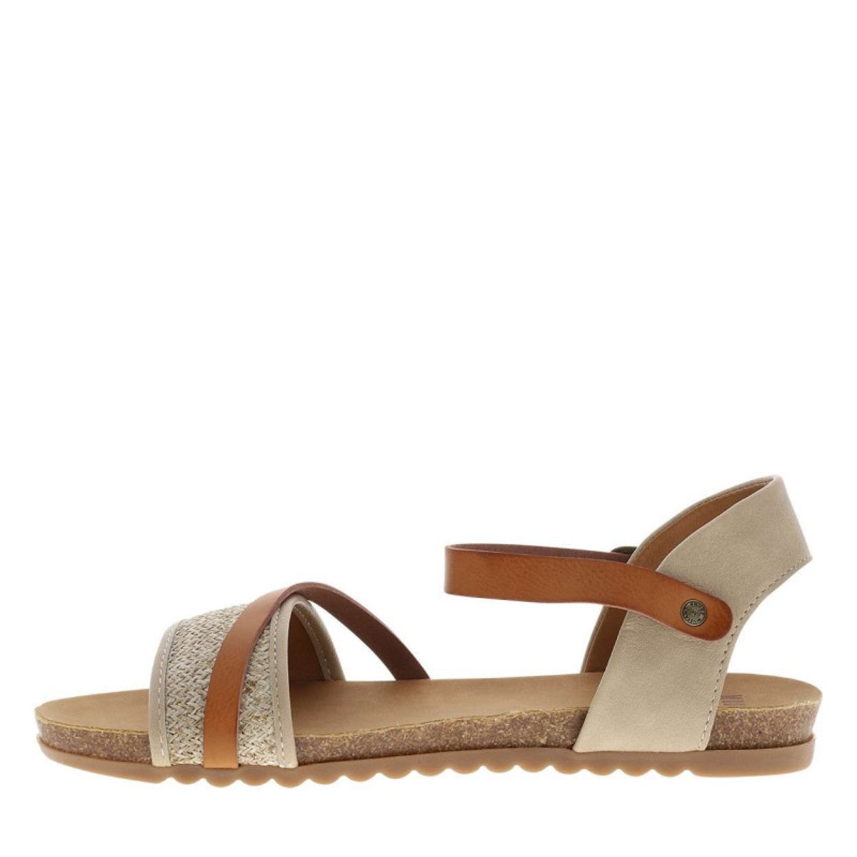 Sandales beiges à semelle plate et une fermeture à boucle à ardillon beige, MUSTANG