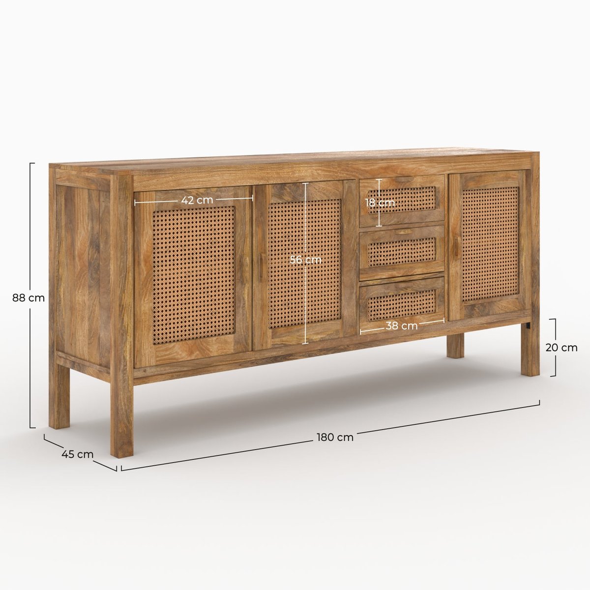 Buffet 3 portes et 3 tiroirs en bois de manguier et cannage - TIKI marron clair, MAISON PAVANE