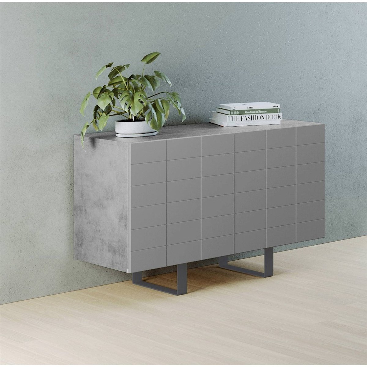 Commode 2 portes façades rainurées GONDIL gris, RECOLLECTION